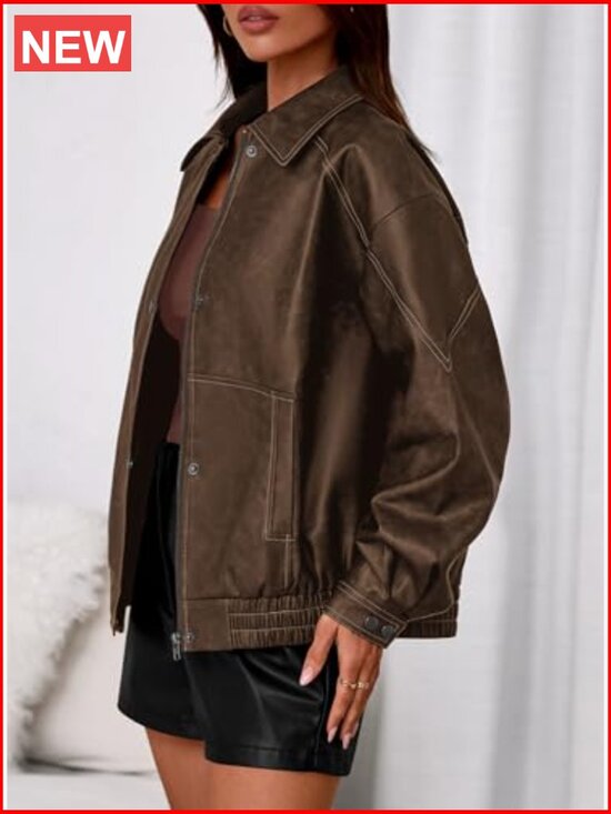 Faux Leather Jacket Women Bomber Motorcycle Zip Up Oversized - Picture 3 of 7